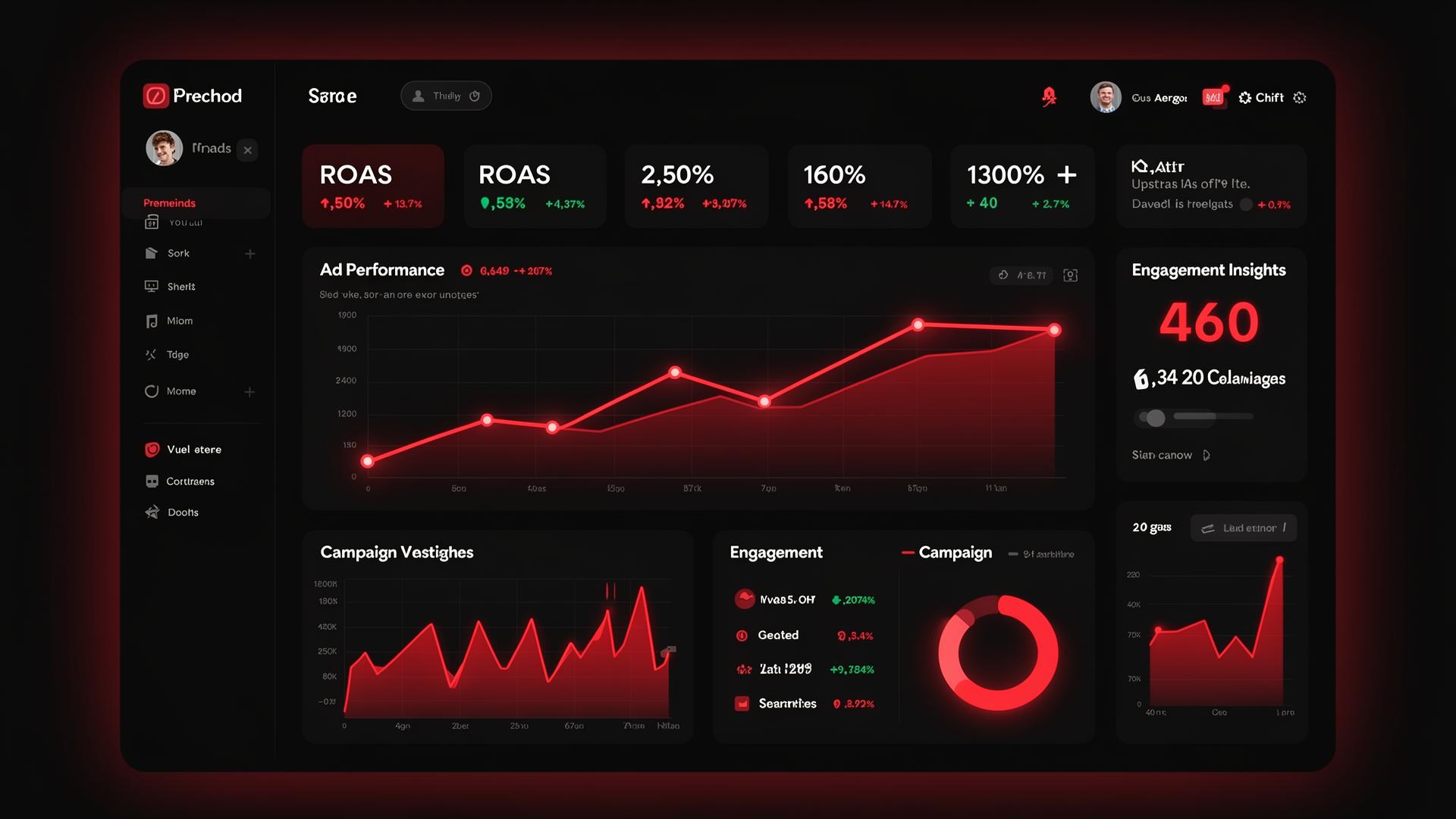 Digital marketing performance dashboard showing ROAS, lead growth, and engagement analytics